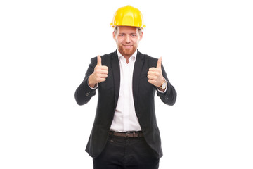 Portrait of architect wearing suit and yellow hardhat on white background