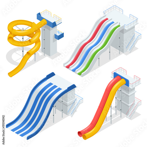 Isometric Colorful Water Slides And Tubes Aquapark Equipment Set For Label Design Swimming Isometric Colorful Water Slides And Tubes Aquapark Equipment Set For Label Design Swimming