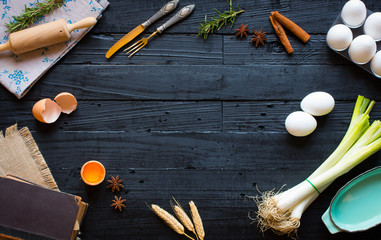 Chicken egg on a dark wooden background, free space for text.