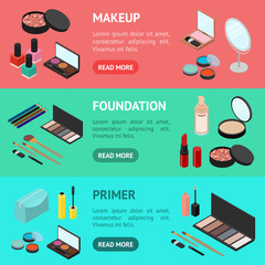 Cosmetic Products Banner Horizontal Set Isometric View. Vector