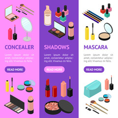 Cosmetic Products Banner Vecrtical Set Isometric View. Vector