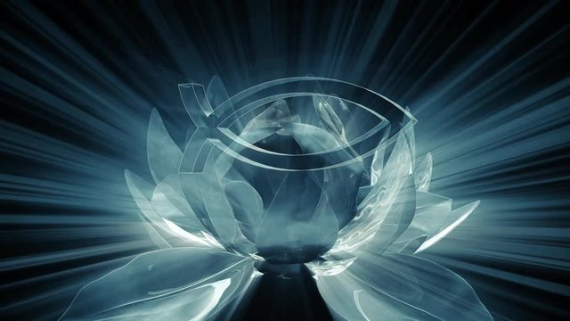 A lotus flower opens revealing the Ichthys Jesus Fish symbol in rays of light.