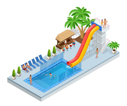 recommend clip art: Isometric Aqua Park with water slides, water pool, people or visitors and palms. Vector illustration isolated on white background