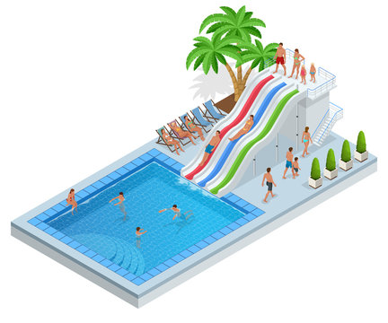 isometric pool with water slide and people clip art preview