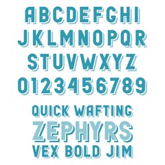 Retro alphabet with convex letters sans-serif with shadows. Simple poster header font.