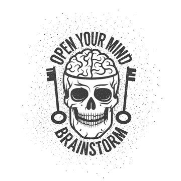 Retro emblem with a human brain in the skull and old keys. With the inscription - open your mind. Worn textures and dots on separate layers and can be disabled.