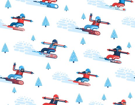 Seamless pattern with moving snowboarders and firs in a flat style. Enabled in the swatches panel.