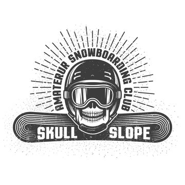 Snowboarding retro logo with skull in helmet and sports goggles. Worn textures and dots on separate layers and can be disabled.
