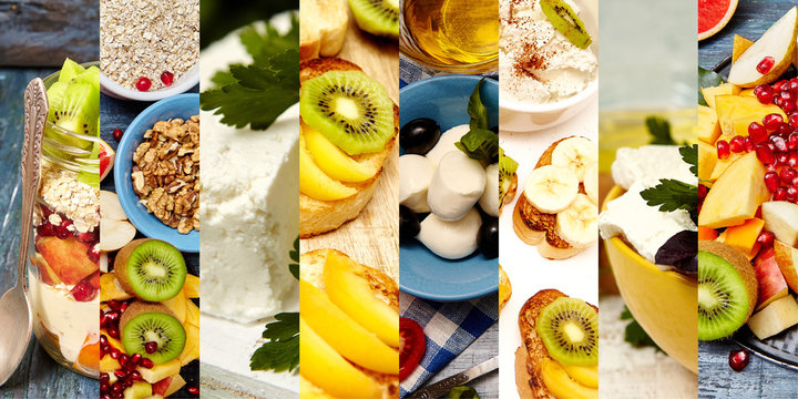 Collage Of Fitness Food. Healthy Breakfast Set. Healthy Food Collage From Eight Photographs.