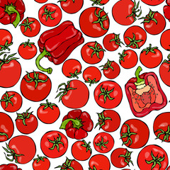 Seamless Pattern with Whole Tomato , Red Bell Pepper, Half of Pepper and Cherry Tomatoes. Fresh Ripe Vegetables Background. Vegan Cuisine. Hand Drawn Vector Illustration. Savoyar Doodle Style.