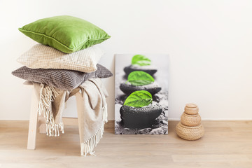gray and green cushions cozy home interior