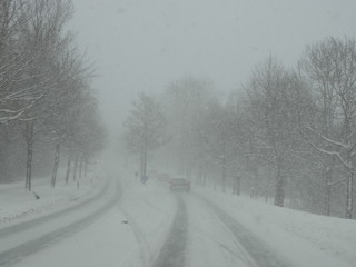 Cars driving road in snow blizzard