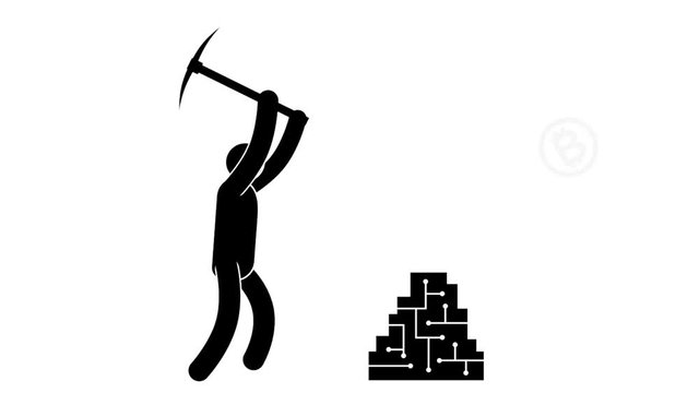 Pictogram man with a pickaxe mining Bitcoins. Loped animation with alpha channel.