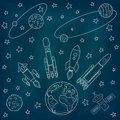 A set of vectors on the theme of the cosmos. Planets and satellites, a rocket flying into space. Drawing chalk on a blackboard. Vector illustration. Template on the theme of space © odinr