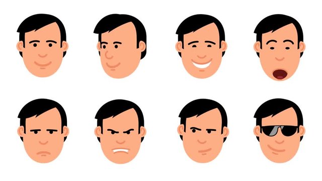 Cartoon man's head set of emoji. Animated emotions: yes, no, joy, shock, resentment, anger, suspicion, cool. Looped with alpha channel.