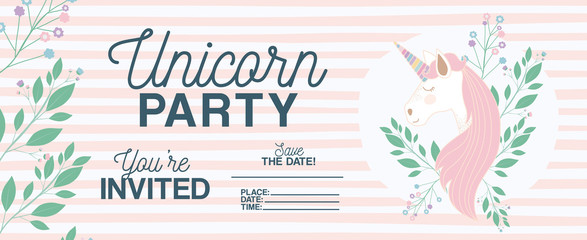 unicorn party invitation card with floral decoration vector illustration design