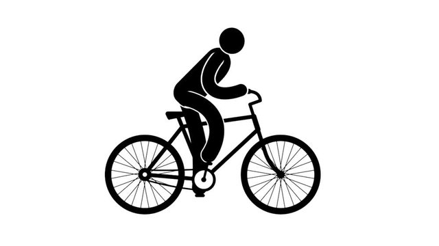 Icon man riding a bicycle gaining speed, standing on the pedals. Looped animation with alpha channel.