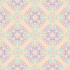 Multi colored floral seamless pattern. Beige background with violet and blue flower elements