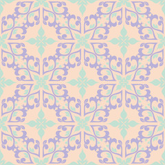 Fototapeta premium Beige floral background. Seamless pattern with violet and blue elements 