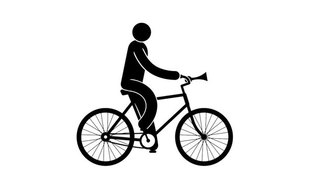 Pictogram man rides a bicycle and signals a horn. Looped animation with alpha channel.