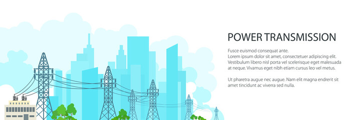 Obraz premium White Banner with High Voltage Power Lines Supplies Electricity to the City , Electric Power Transmission on on the Background of the City, Vector Illustration