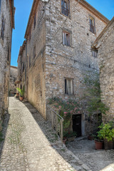 Fototapeta na wymiar View of the Medieval Town of Fumone, narrow streets and medieval buidings 