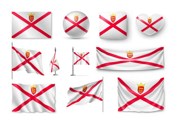 Set Jersey flags, banners, banners, symbols, flat icon. Vector illustration of collection of national symbols on various objects and state signs