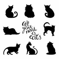 Hand drawn cats silhouettes. All you need is cats lettering.