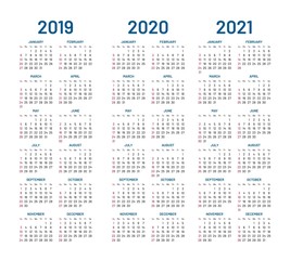 Year 2019 2020 2021 calendar vector design template. Compound planner with blue letters and numbers on a white background. Vector illustration