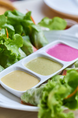 healthy food, Fresh vegetable salad roll with three Colorful salad dressing 