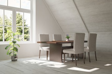 White dinner room with green landscape in window. Scandinavian interior design. 3D illustration