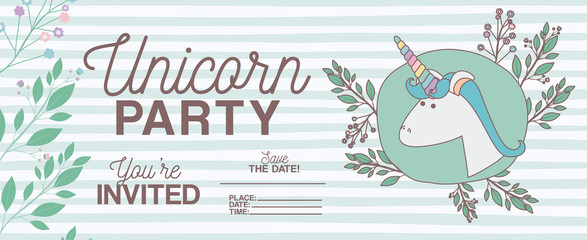 unicorn party invitation card with floral decoration vector illustration design