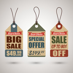 Collection of vintage cardboard price tags or sale labels in retro style with special offers