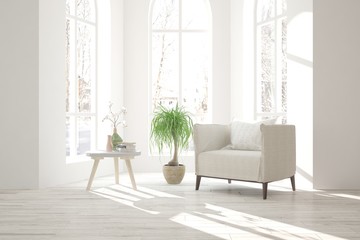 Inspiration of white minimalist room with armchair. Scandinavian interior design. 3D illustration