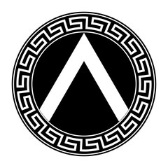 Spartan shield with Greek ornament. - obrazy, fototapety, plakaty