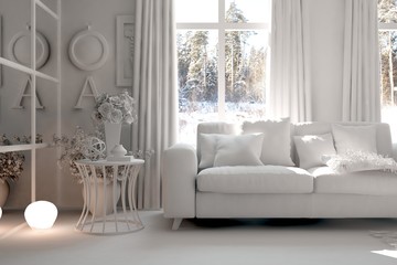 White room with sofa and winter landscape in window. Scandinavian interior design. 3D illustration