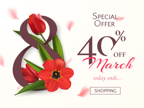 Elegant template of sale banner for Women’s Day with vector red realistic tulips. Festive background  with flower’s petals for design of flyers with promotional discount offers for 8 March.