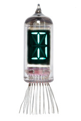 The real Nixie tube indicator of the alphabet of retro style, isolated on white background. Display with green backlight. Letter D