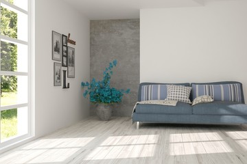 Idea of white room with sofa and summer landscape in window. Scandinavian interior design. 3D illustration