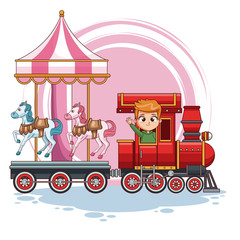 Boy in train with carrousel vector illustration graphic design