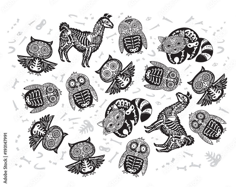 Wall mural Halloween set of sugar skull animals in contour. Owl, penguin, llama and raccoon