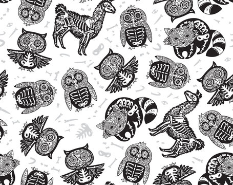 Owl, penguian, llama and raccoon sugar skull in black and white colors. Vector background illustration