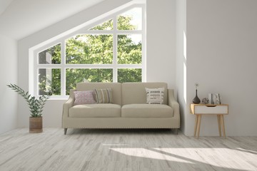 Idea of white room with sofa and summer landscape in window. Scandinavian interior design. 3D illustration