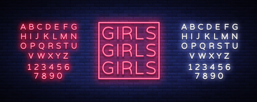 Girls neon sign. Night light sign, Erotica, Striptease, Neon banner for strip club. Adult show. Vector illustration. Editing text neon sign