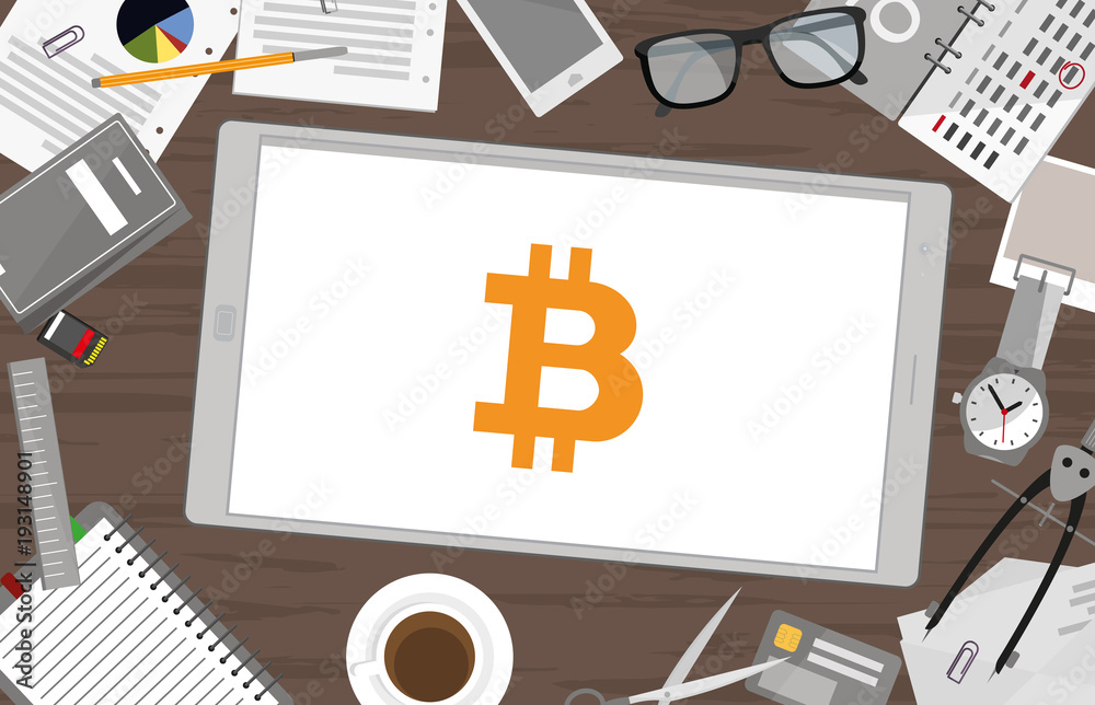 Poster schreibtisch mit tablet - bitcoin