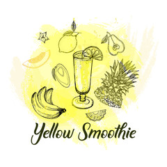 Set of hand drawn sketch style yellow smoothie with fruits. Isolated vector illustration.