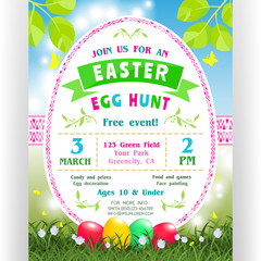 Easter egg hunt announcing poster template. Four colorful eggs at green lawn with flowers and butterflies. - 193149355
