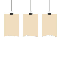 Paper hanging with binder on white background. Vector.