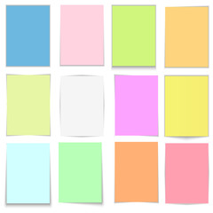 Vector colorful sticky notes, post stickers with shadows isolated on a transparent background