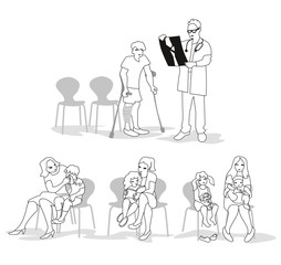 Vector Illustration of sick children with parents sitting in waiting room. Characters set.